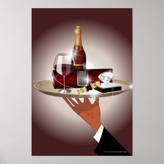 Sluiting van de hand van een ober die een bakje va poster (Voorkant)