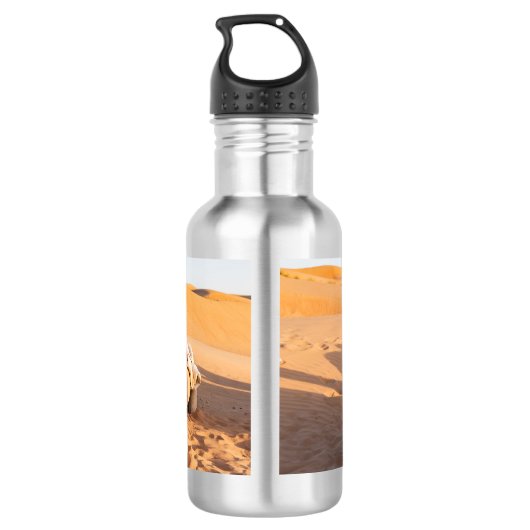 Sluiting van een grappige kameel in de woestijn va waterfles (Achterkant)