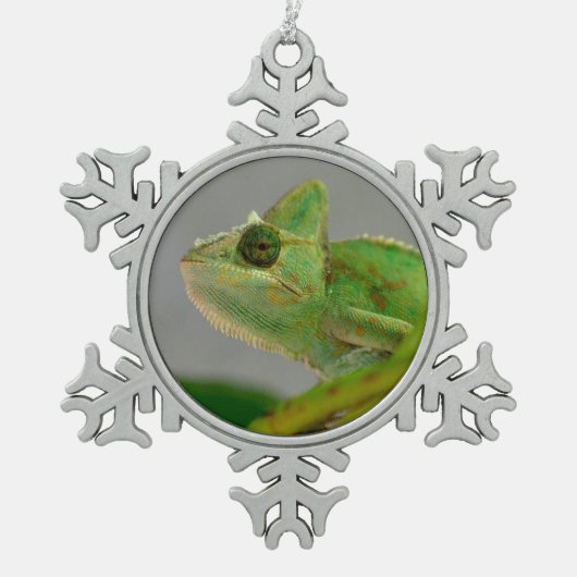 Sluiting van gesluierde kameleon onder het plant b tin sneeuwvlok ornament (Voorkant)