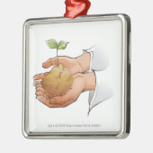 Sluiting van iemands handen die zaailingen vasthou metalen ornament (Links)