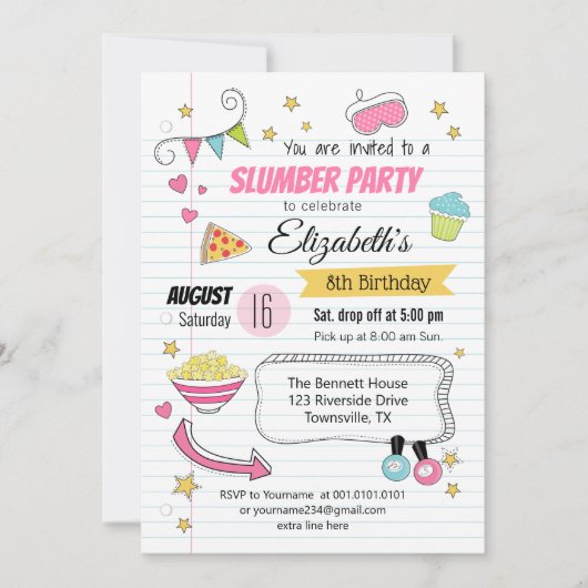 Slumber en Sluepover Party Birthday Invitation Kaart (Voorkant)