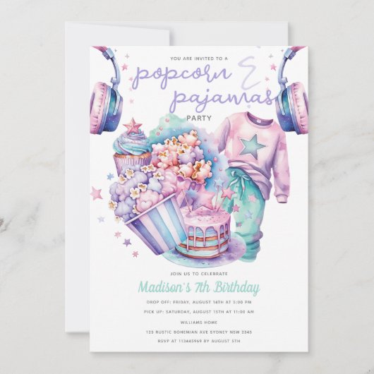 Slumber Meisje Verjaardag Popcorn & Pyjama Kaart (Voorkant)