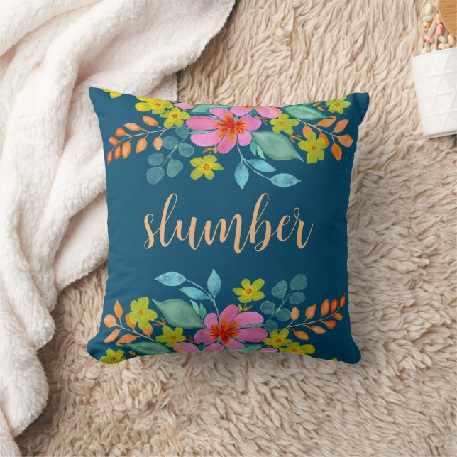 "Slumber" Met Moderne Waterverf Bloemen Op Blauwgr Kussen (Deken)