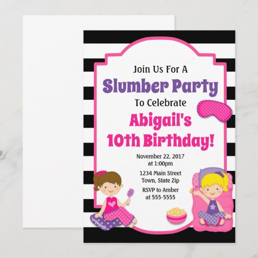 Slumber Party Birthday Invitation Sleepover Kaart (Voorkant / Achterkant)