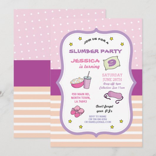 Slumber party Birthday Sleep over PJ Pajama Uitnod Kaart (Voorkant / Achterkant)