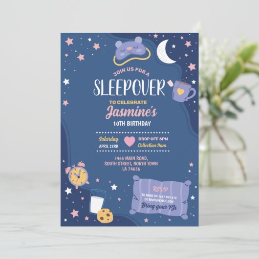 Slumber Party Birthday Sleepover Cute Girls Blue Kaart (Staand voorkant)