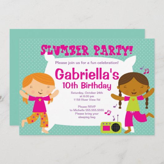 Slumber Party Fun Birthday Uitnodiging (Voorkant / Achterkant)