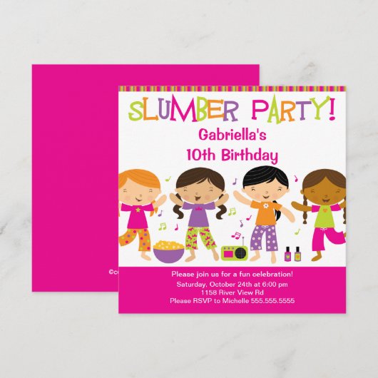 Slumber Party Fun Birthday Uitnodiging (Voorkant / Achterkant)