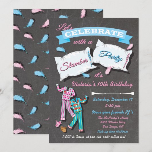 Slumber Party Kussen Vecht Slaap Over Party Uitnod Kaart (Voorkant / Achterkant)