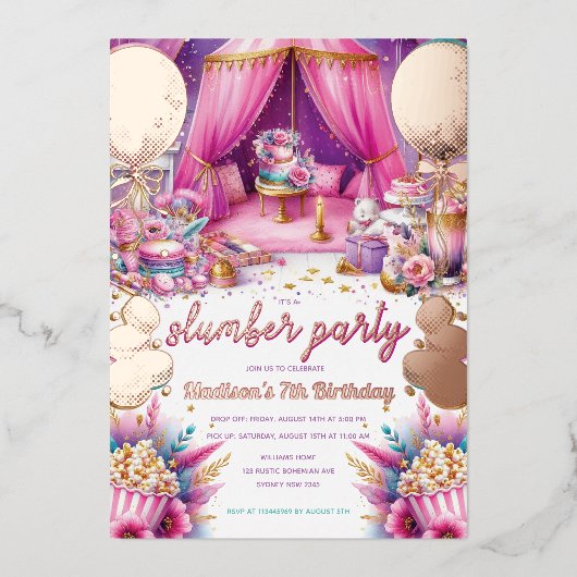 Slumber Party Meisje Verjaardag Roos Goud Folie Uitnodiging (Voorkant)