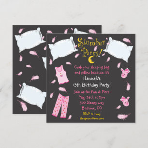 Slumber Party Pillow Fight Birthday Uitnodiging