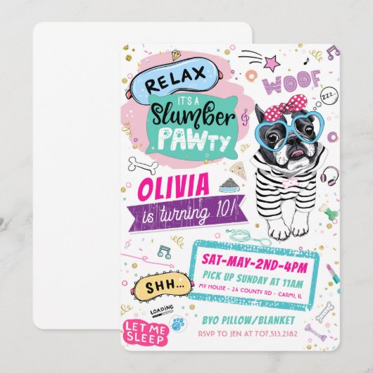Slumber Party Pug Verjaardag Uitnodigingen Puppy D (Voorkant / Achterkant)