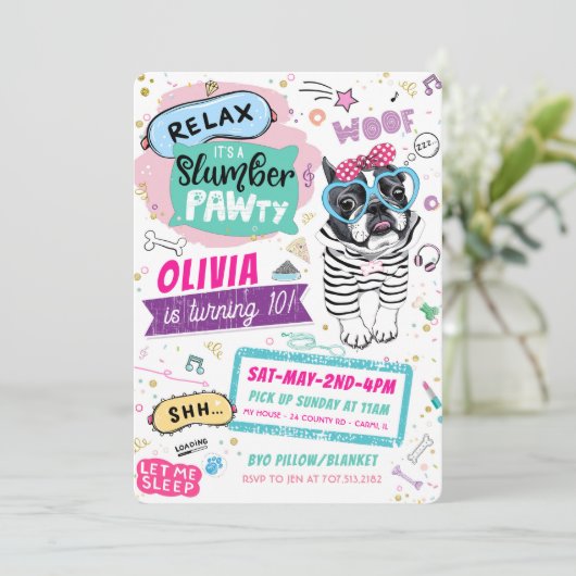 Slumber Party Pug Verjaardag Uitnodigingen Puppy D (Staand voorkant)