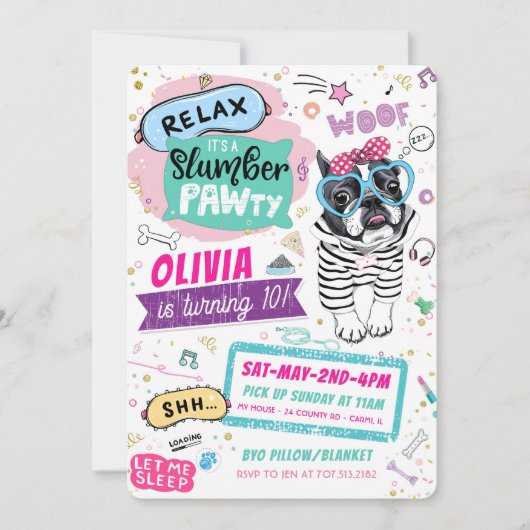 Slumber Party Pug Verjaardag Uitnodigingen Puppy D (Voorkant)