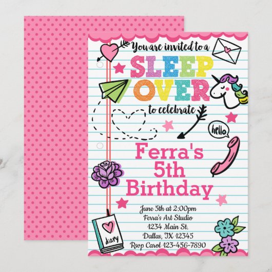 Slumber Party Sleepover Birthday Invitation Invita Kaart (Voorkant / Achterkant)