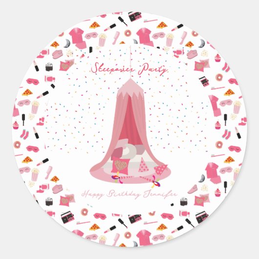 Slumber Party Sleepover Tent Kids Verjaardagsfeest Ronde Sticker (Voorkant)