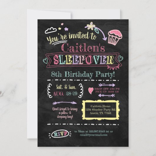 Slumber Party Sleepover Verjaardag Chalkboard Dood Kaart (Voorkant)