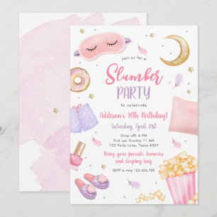Slumber Party Sluepover Girl Spa Pink Birthday Inv Kaart