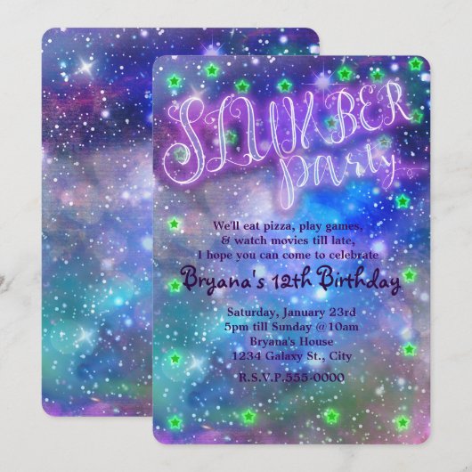 SLUMBER PARTY Space Galaxy Verjaardag Uitnodiginge Kaart (Voorkant / Achterkant)