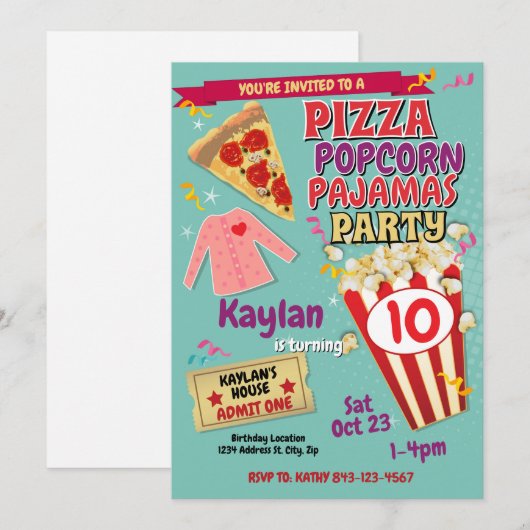 Slumber Party Uitnodiging Pizza Popcorn Uitnodigin (Voorkant / Achterkant)