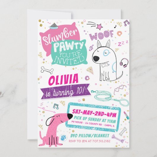 Slumber Party Verjaardag Uitnodigingen - Doggy Pup (Voorkant)