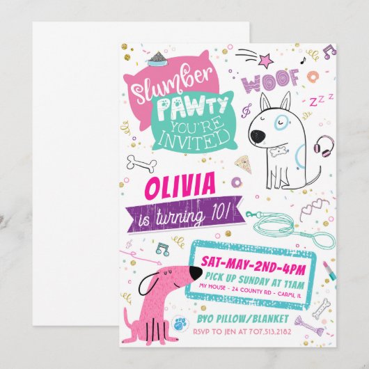 Slumber Party Verjaardag Uitnodigingen - Doggy Pup (Voorkant / Achterkant)