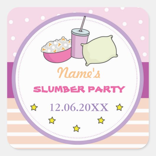 Slumber Party Verjaardags Slaap Over Stickers Labe (Voorkant)