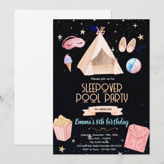 Slumber Pool birthday Party Invitation Kaart (Voorkant / Achterkant)