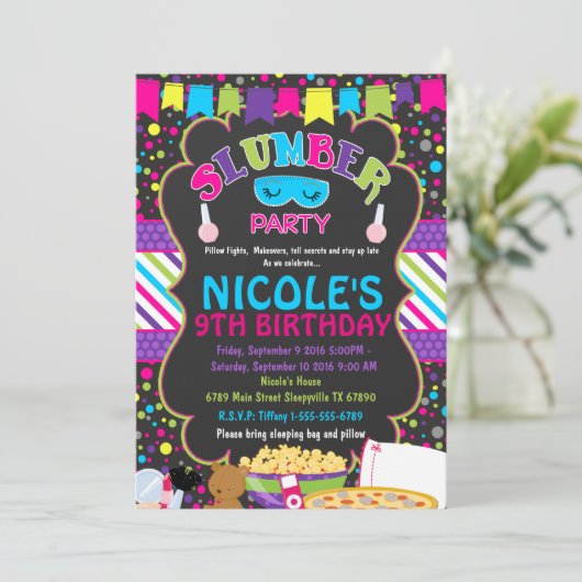Slumber Sleepover Birthday Party Invitation Kaart (Staand voorkant)