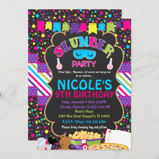 Slumber Sleepover Birthday Party Invitation Kaart (Voorkant / Achterkant)