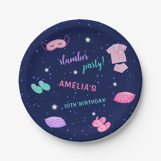 Slumber Sleepover Verjaardagsfeestje Roze Paarse Papieren Bordje (Voorkant)