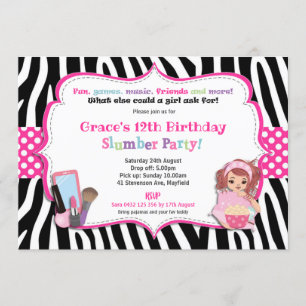Slumber Sluepover Birthday Girls Zebra Print Kaart