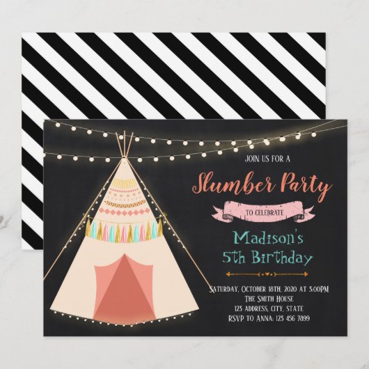 Slumber Tent verjaardagsfeestje uitnodiging (Voorkant / Achterkant)