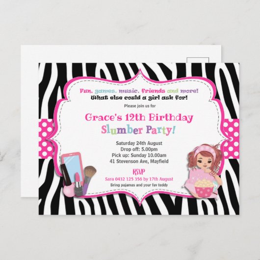 Slumber Verjaardagsfeest Zebra Print Girl Uitnodig Briefkaart (Voorkant / Achterkant)