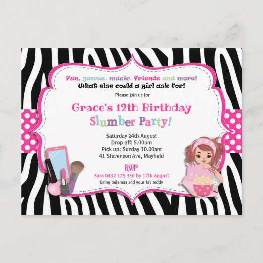 Slumber Verjaardagsfeest Zebra Print Girl Uitnodig Briefkaart (Voorkant)