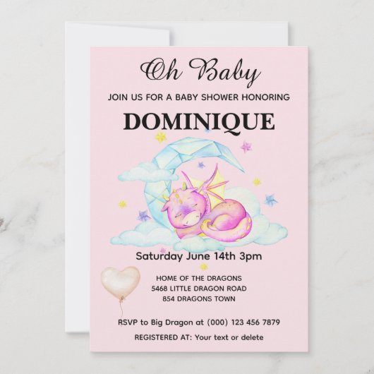 Slumbering Dragon op Roze - Baby shower Uitnodigin Kaart (Voorkant)