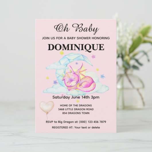 Slumbering Dragon op Roze - Baby shower Uitnodigin Kaart (Staand voorkant)