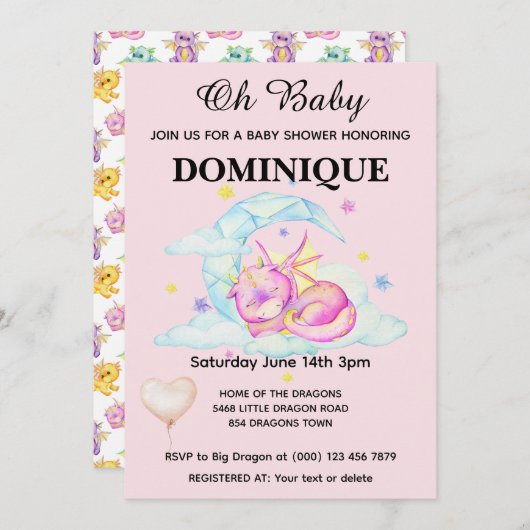 Slumbering Dragon op Roze - Baby shower Uitnodigin Kaart (Voorkant / Achterkant)