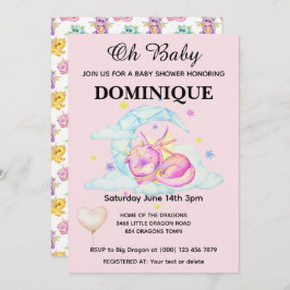 Slumbering Dragon op Roze - Baby shower Uitnodigin Kaart