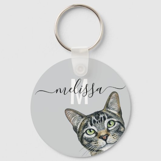 Sluwe Kat Watercolor Monogram Naam Sleutelhanger (Voorkant)