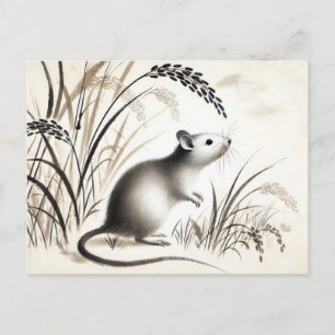 Sluwe Rat Onder Rijstplant. inkt zodiak Feestdagenkaart