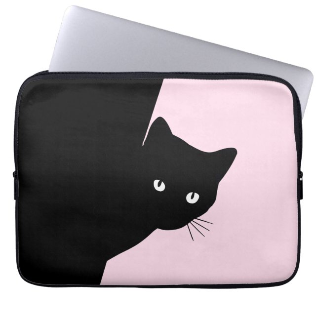 Sluwe Zwarte Kat Roze Laptop Sleeve (Voorkant)