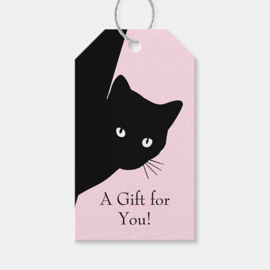 Sluwe Zwarte Kat Roze Satijnen Lint Cadeaulabel (Voorkant)