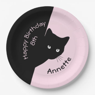 Sly Black Cat Happy Birthday Year en naam roze Pa Papieren Bordje