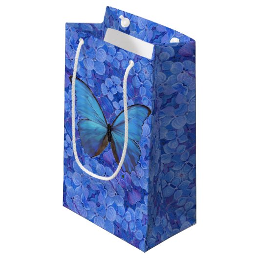 SM Gift Bag Blauw Morpho op Hydrangea Klein Cadeauzakje (Voorkant Gekanteld)