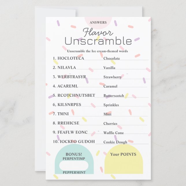 Smaak Frenzy Word Scramble ANTWOORD SLEUTEL (Voorkant)