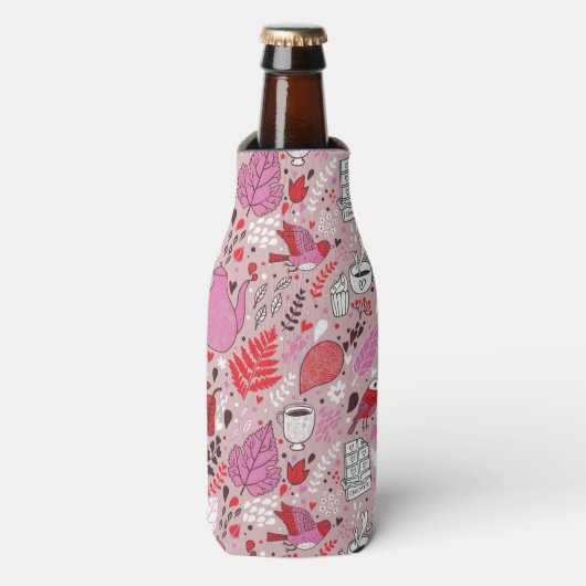Smaak patroon met vogels en bloemen flesjeskoeler (Fles Voorkant)