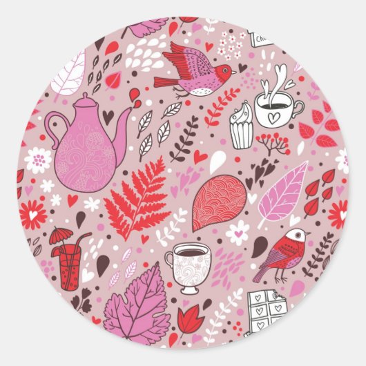 Smaak patroon met vogels en bloemen ronde sticker (Voorkant)