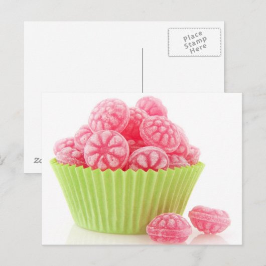 Smaak van frambozenlekkend snoep in groene beker briefkaart (Voorkant / Achterkant)