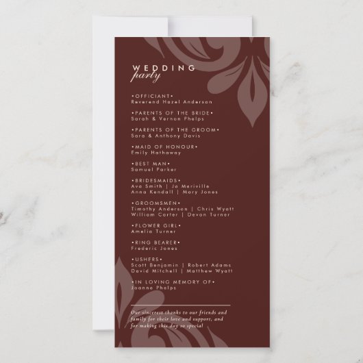 Smaakvol Elegant Damask Mahogany Wedding Program (Achterkant)